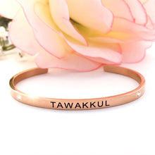 Load image into Gallery viewer, Tawakkul (Reliance) Rose Gold Plated Cuff Bangle (black engraving)