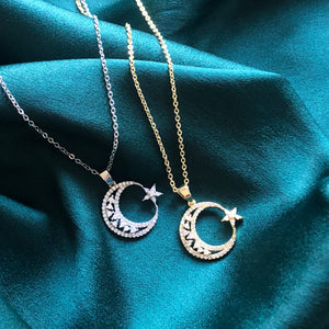 Celestial Collection - Crescent Moon Crystal Necklace (Gold Tone)