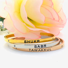 Load image into Gallery viewer, Gratitude Gold Plated Cuff Bangle (black engraving)
