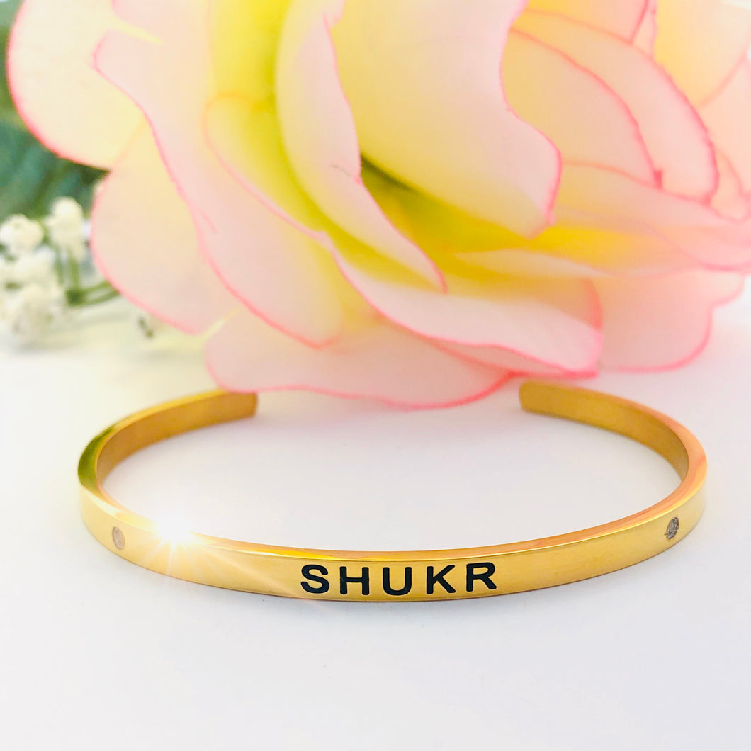 Gratitude Gold Plated Cuff Bangle (black engraving)