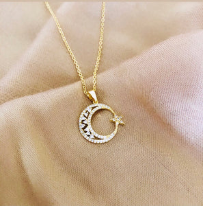 Celestial Collection - Crescent Moon Crystal Necklace (Gold Tone)