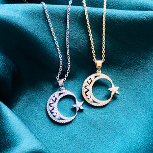 Celestial Collection - Crescent Moon Crystal Necklace (Silver Tone)