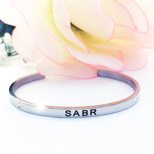 Load image into Gallery viewer, Patience Silver Tone Cuff Bangle (black engraving)
