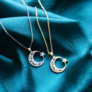Celestial Collection - Crescent Moon Crystal Necklace (Silver Tone)