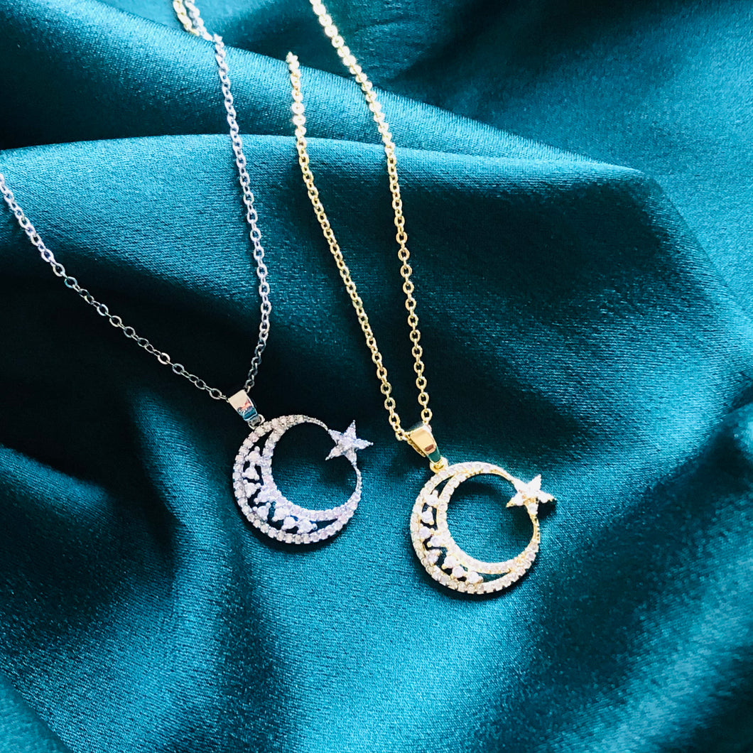 Celestial Collection - Crescent Moon Crystal Necklace (Silver Tone)
