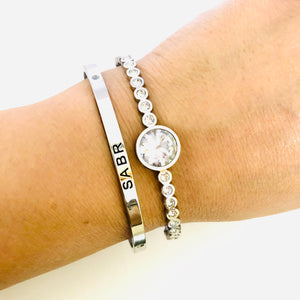 Patience Silver Tone Cuff Bangle (black engraving)