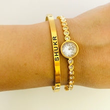Load image into Gallery viewer, Gratitude Gold Plated Cuff Bangle (black engraving)
